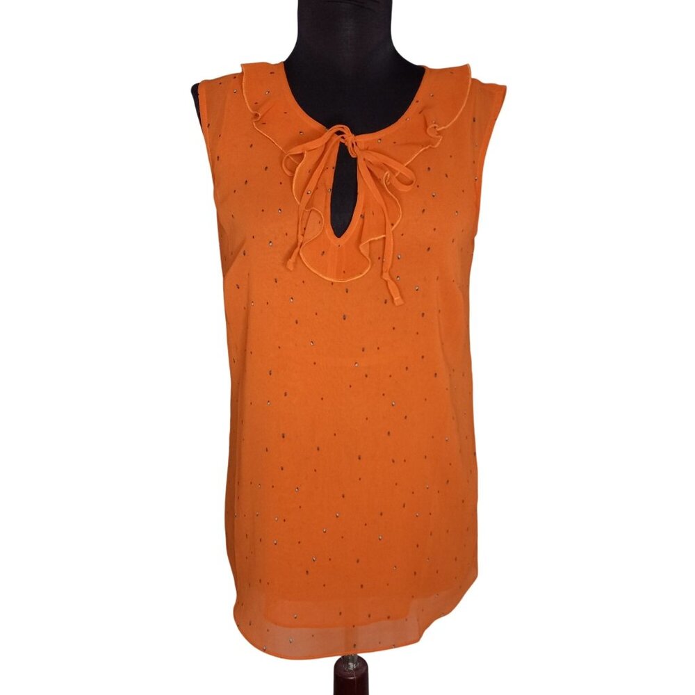 Cabi XS Tank Top Blouse Sleeveless Orange Sprinkle Polka Dot Ruffle Collar 3764